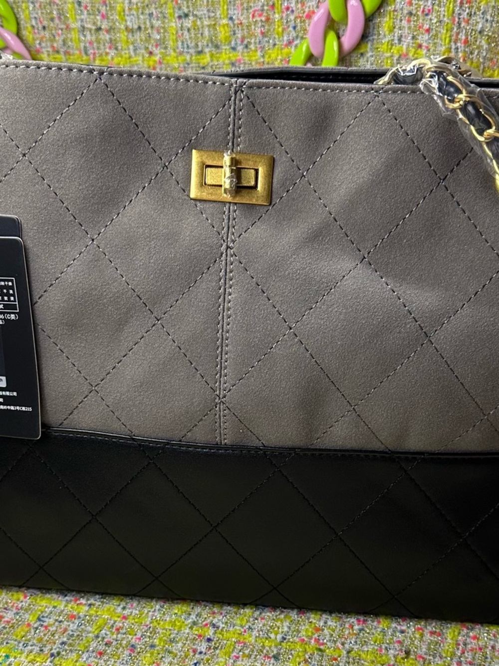 Quilted Two-Tone Gray and Black Chain Shoulder Bag